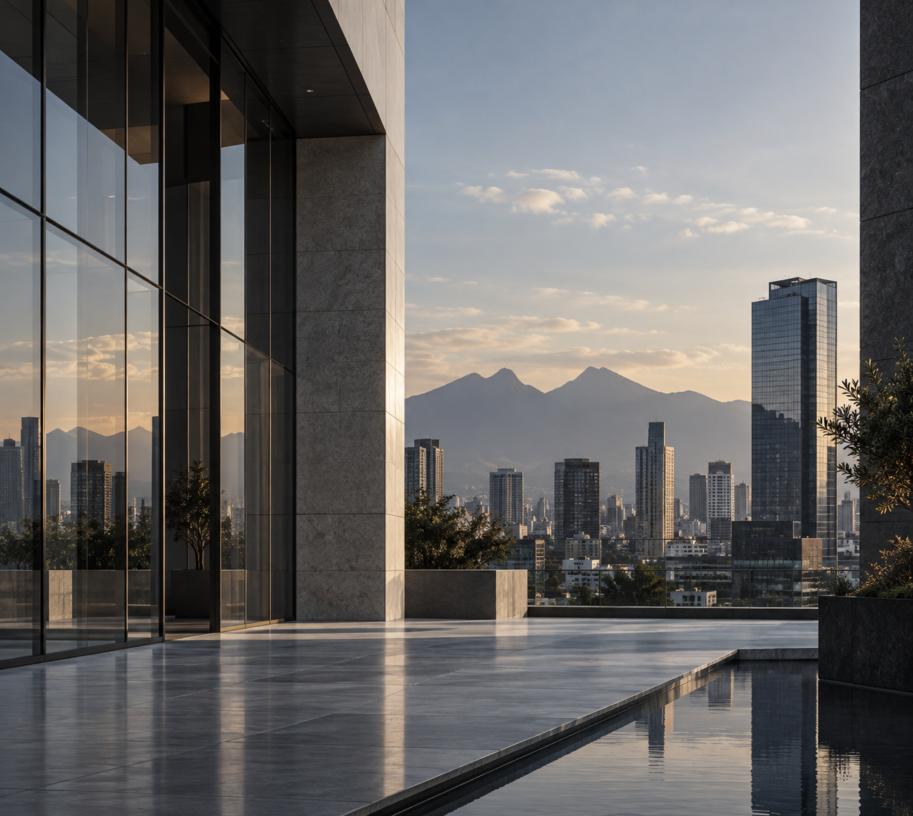 Arquitectura contemporánea y vista de la ciudad al atardecer